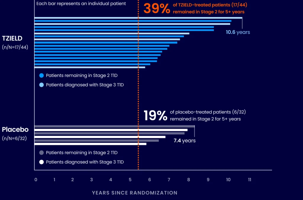 39% of TZIELD® (teplizumab-mzwv)-treated patients (17/44) remained in Stage 2 for 5+ years. 19% of placebo-treated patients (6/32) remained in Stage 2 for 5+ years.